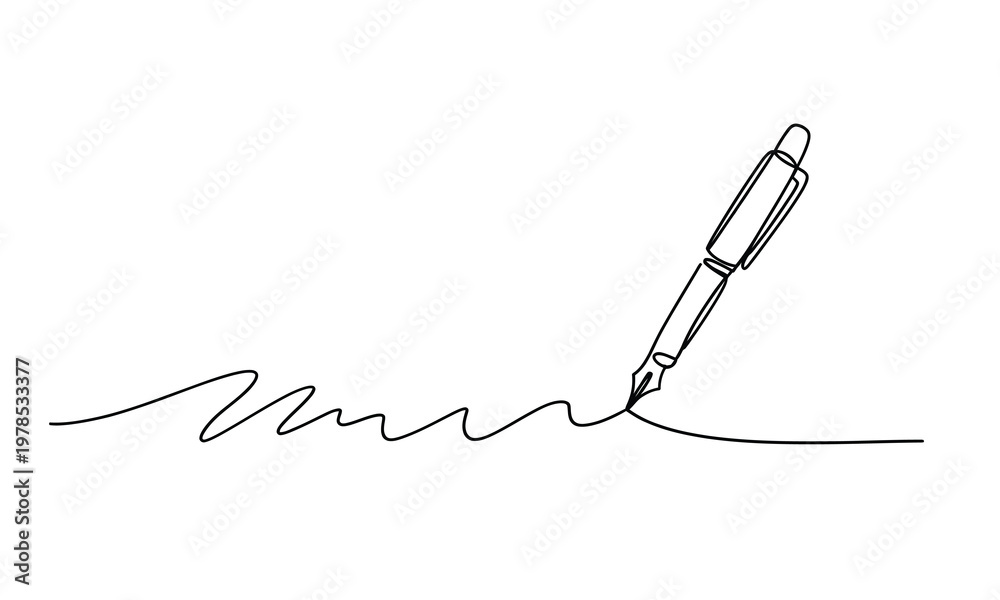 Fototapeta premium A minimalist line drawing depicts a fountain pen and the flowing line it creates