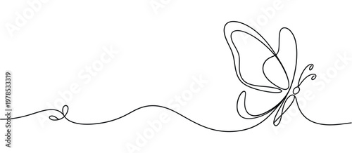 A single continuous line drawing depicts a delicate butterfly in flight