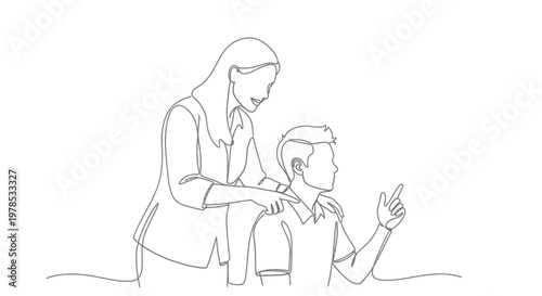 Continuous Line Drawing of Female Mentor Pointing and Guiding Male Colleague in Business Environment