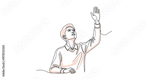 Continuous Line Art Illustration of a Young Man Raising His Hand, Representing Participation, Education, and Voluntarism