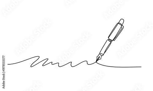 A minimalist line drawing depicts a fountain pen and the flowing line it creates