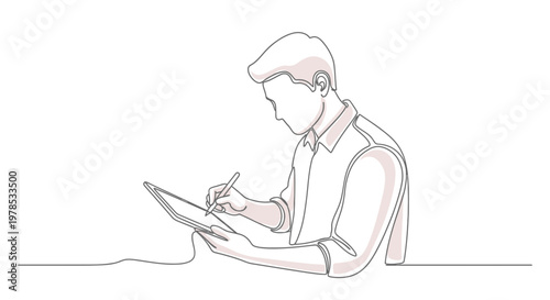 Continuous Line Drawing of a Man Using a Digital Tablet with Stylus for Design and Creative Work