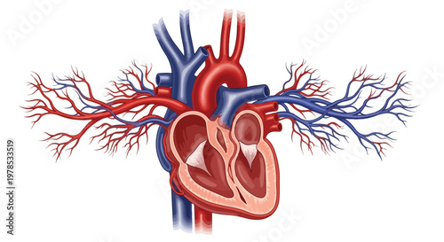 Detailed anatomical illustration of the human heart with arteries and veins, showing internal chambers and blood vessels