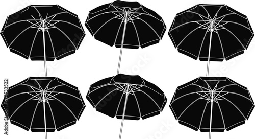 Set of black beach umbrella silhouettes from bottom view, sunshade parasol icons for summer vacation, patio furniture and outdoor protection. (21 words)
