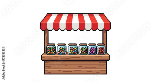 A charming pixel art vector illustration of a colorful candy stall featuring a red and white striped awning and jars of assorted sweets.