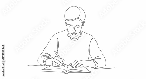Continuous line drawing of a young man writing in a book, minimalist vector illustration of a student studying or professional taking notes.