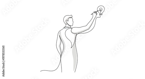 Continuous Line Drawing of a Man Sketching a Light Bulb Idea, Representing Creativity and Innovation