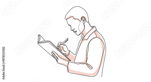 Continuous Line Drawing of a Man Writing or Sketching in a Notebook, Minimalist One Line Art Vector Illustration of a Person Taking Notes