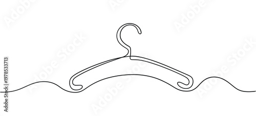 A minimalist continuous line drawing depicts a classic clothing hanger in black
