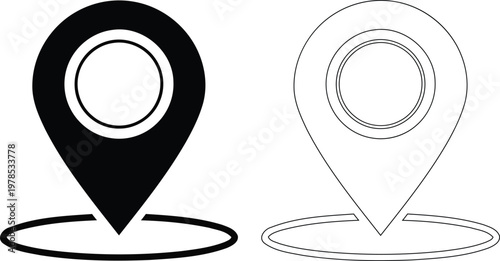 Location pin and target marker solid icon set. Featuring GPS pin and concentric circle target. Minimalist black and white navigation symbols for maps and apps.