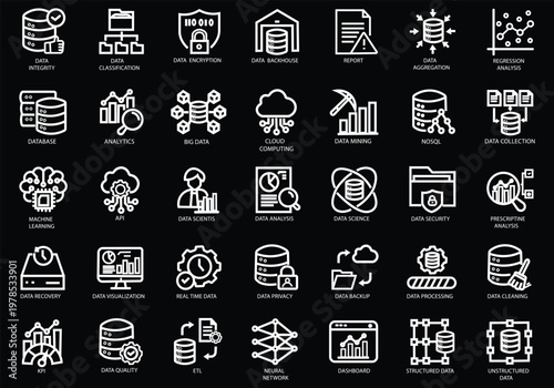 Data Driven icon set. Containing algorithm, big data, analysis, analytics, data mining, machine learning, ai, visualization, database, predictive, and more. Editable stroke. Vector Illustration