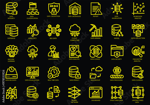 Data Driven icon set. Containing algorithm, big data, analysis, analytics, data mining, machine learning, ai, visualization, database, predictive, and more. Editable stroke. Vector Illustration