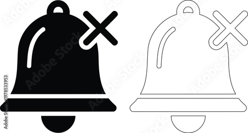 Alarm clock cancellation and snooze options solid icon set. Featuring crossed-out bell and snooze button. Vector icons for productivity and time management apps.