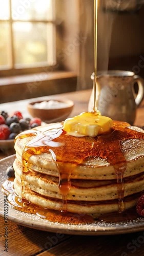 Golden syrup drips over steaming pancakes topped with butter and berries on wooden table
