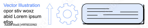 Business processes, workflow, system optimization, automation, data organization, technical development. Gear icon, text area upward arrow. Business processes and workflow concepts
