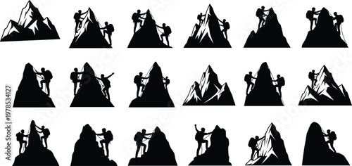 Set of black mountain climber silhouettes isolated on white background, hikers climbing rocky peaks with backpacks for outdoor adventure design,