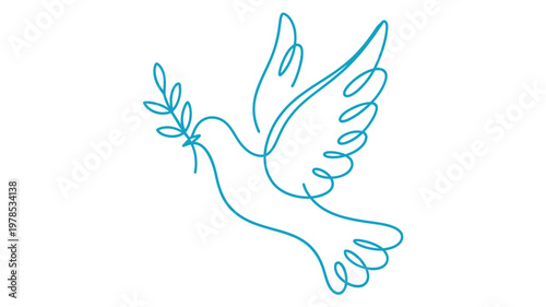 A minimalist light blue line drawing depicts a white dove in flight with an olive branch