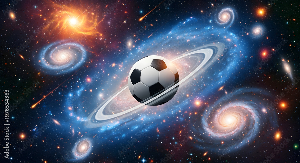 Fototapeta premium Cosmic Football: An artistic view of a soccer ball suspended amidst a stunning galaxy, surrounded by swirling nebulae and distant stars, inviting viewers to explore the vastness of the universe 