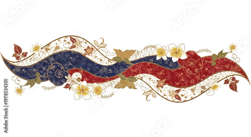 Elegant decorative flourish with swirling floral patterns in red, white, and blue colors