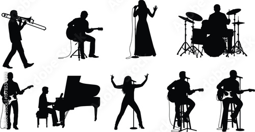 Set of black musician silhouettes isolated on white background, performers including singers and instrumentalists for live music concert and band design,