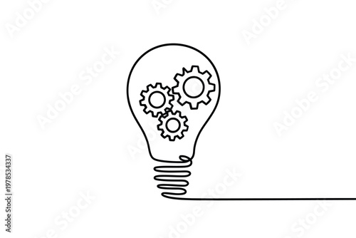 A minimalist line drawing depicts a lightbulb filled with interconnected gears