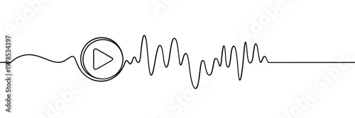 A continuous line drawing depicts a play button merging into a sound wave pattern