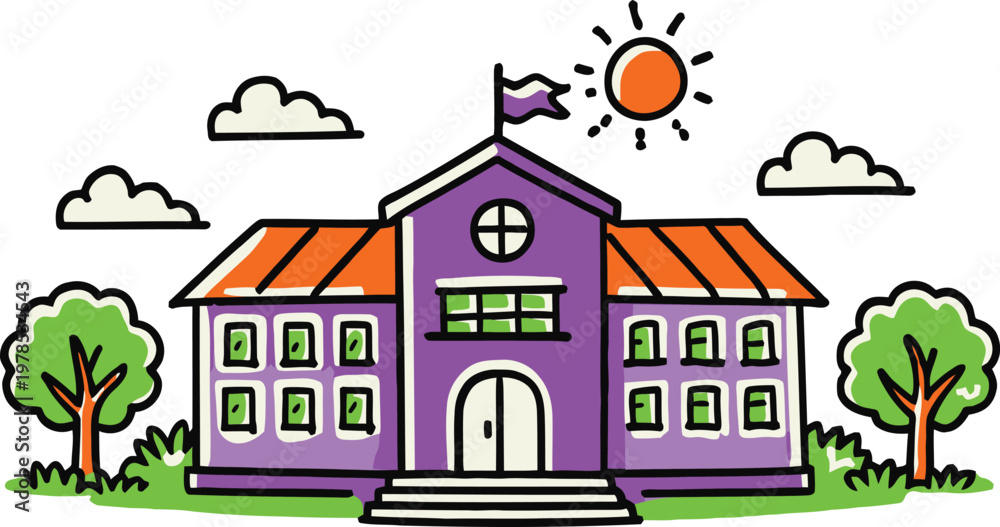 Fototapeta premium Charming purple school building with trees and sun, flat design vector illustration