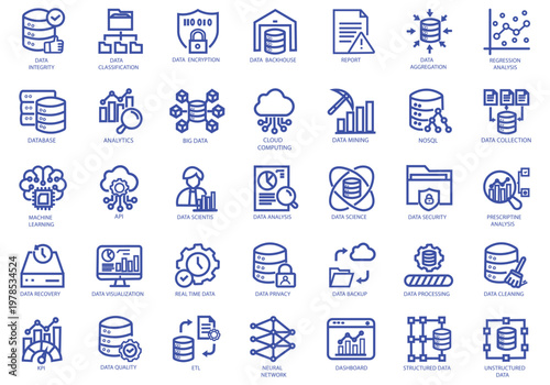 Data Driven icon set. Containing algorithm, big data, analysis, analytics, data mining, machine learning, ai, visualization, database, predictive, and more. Editable stroke. Vector Illustration