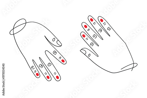 Minimalist line drawing depicts two hands with red circles on fingertips and knuckles