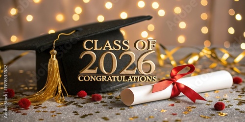 Graduation cap and diploma for class of 2026 with graduation day, ceremony