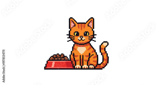 A pixel art illustration of a cute ginger tabby cat sitting next to a red bowl filled with kibble on a white background.