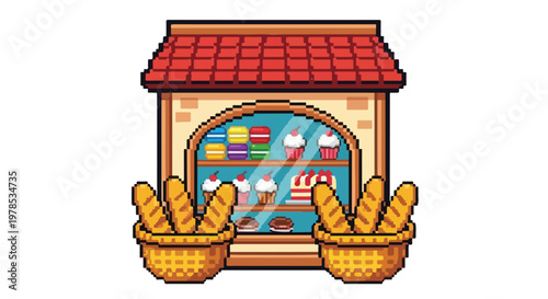 A charming pixel art illustration of a cozy bakery storefront featuring baskets of fresh baguettes and a window filled with colorful pastries.