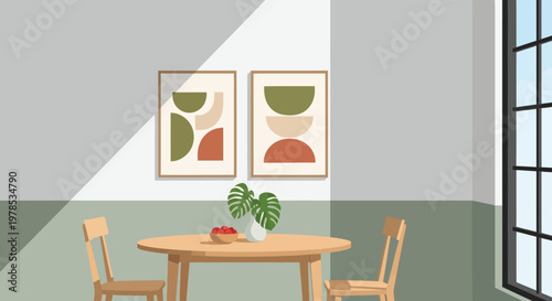 A minimalist dining room features abstract artwork a wooden table and a vibrant green plant