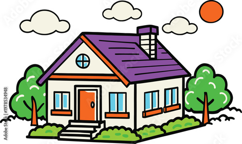 Cartoon House with Chimney, Purple Roof, and Green Trees, Flat Design Vector Illustration