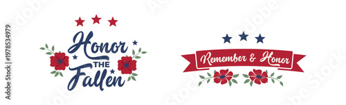 Memorial Day Typography Set with Poppy Flowers, Honor the Fallen and Remember & Honor Patriotic Vector