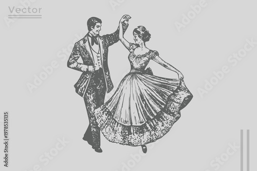 Victorian fashion couple collection in Vintage engraving style illustration. Hand drawn engraved retro Victorian couple
