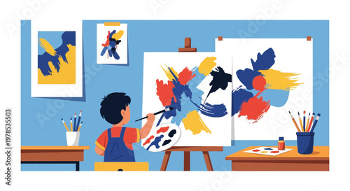 Child creates colorful artwork in a studio filled with paintings and art supplies during daylight