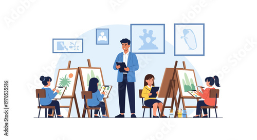 Art class takes place in a studio with students painting under the guidance of a teacher during daytime