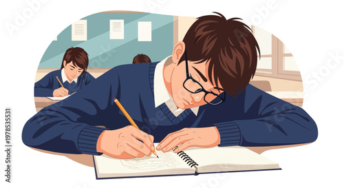 Student writing notes at a desk during class in a school setting in the afternoon