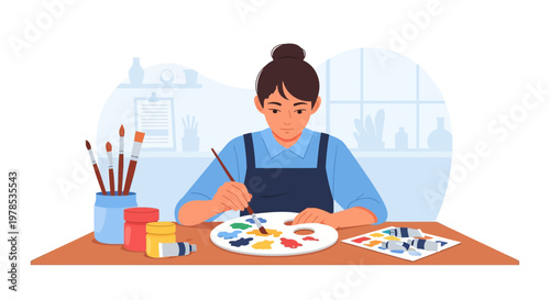 Person paints with colors in a bright room during daytime while using brushes and a palette for art
