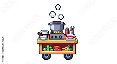 Pixel art vector illustration of a mobile food cart featuring a steaming pot on a gas stove, alongside bowls, utensils, and fresh ingredients.