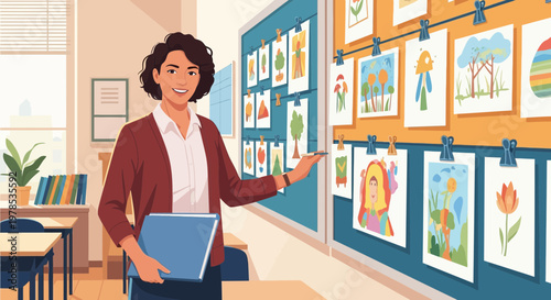 Art teacher shows student artwork in classroom during school day in a bright and organized environment