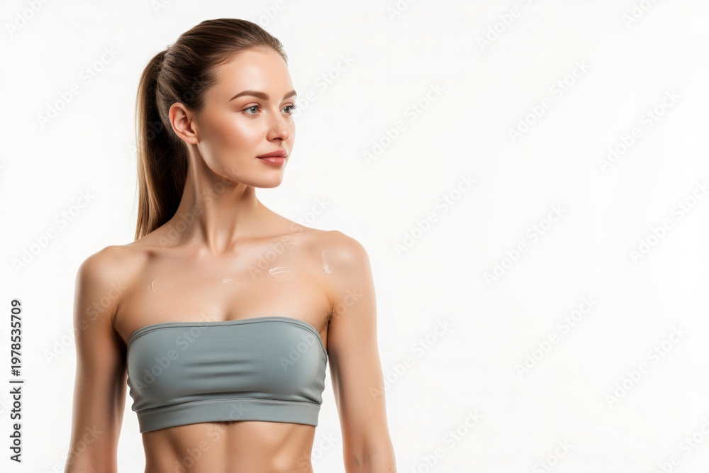Obraz premium Beautiful Healthy Woman Applying Skincare Cream for Gentle Skin Care Routine Concept Against a Clean White Background with Available Copy Space Area