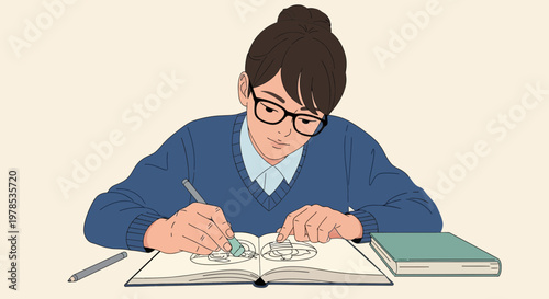 Student draws in a notebook while studying at home in the afternoon with a pen and a book on the table