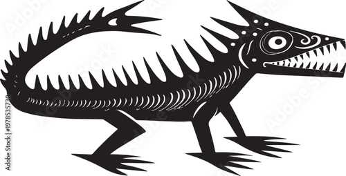 Illustration of a stylized prehistoric reptile with sharp teeth and spikes