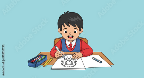 Child draws a cartoon character in workbook while sitting at desk in classroom during daytime