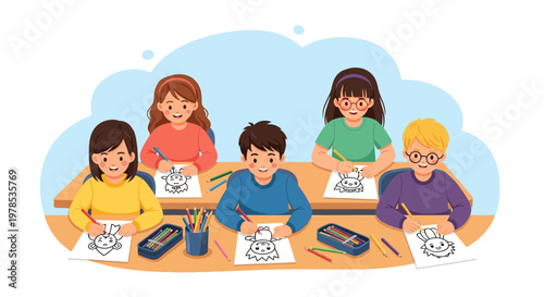 Children draw pictures in a classroom setting during a creative art session in the morning