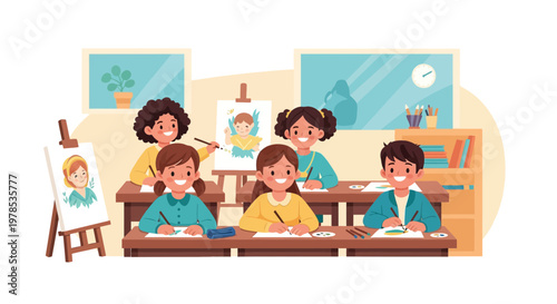 Kids learn to paint and draw in a classroom during a creative art session in the morning at school