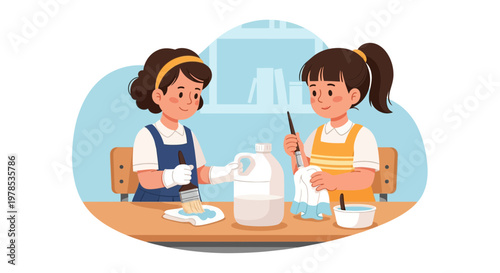 Kids clean and organize their workspace while enjoying a fun crafting time in their classroom during the day