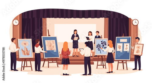 Students present art projects on a stage in a school auditorium during an exhibition event in the afternoon